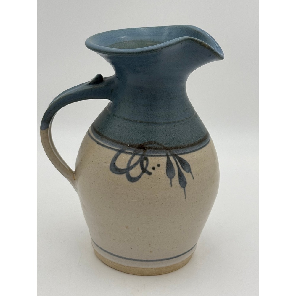 Emerson Creek Pottery Blue Tan Stoneware Pitcher Bedford Virginia Hand Painted